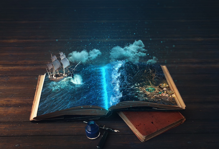 Book open with magical images in 3D on pages.