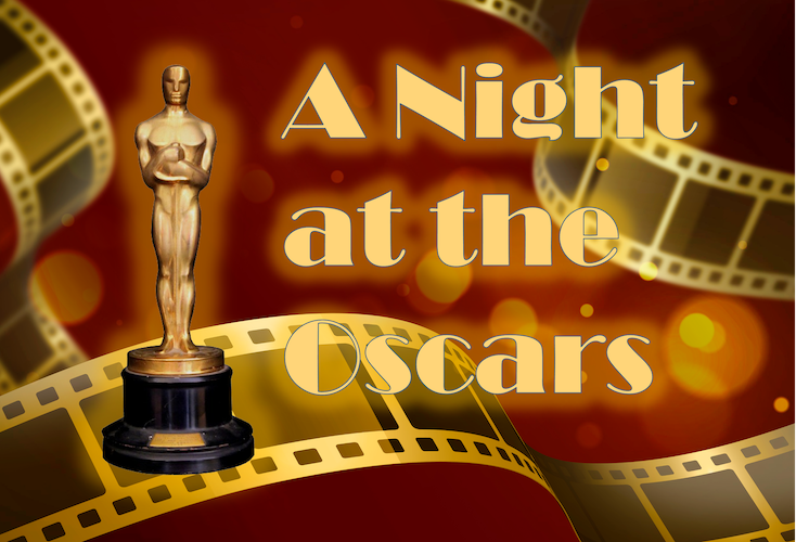 Night at the Oscar event banner with an Oscar statue in the foreground and film strewn on a red background.