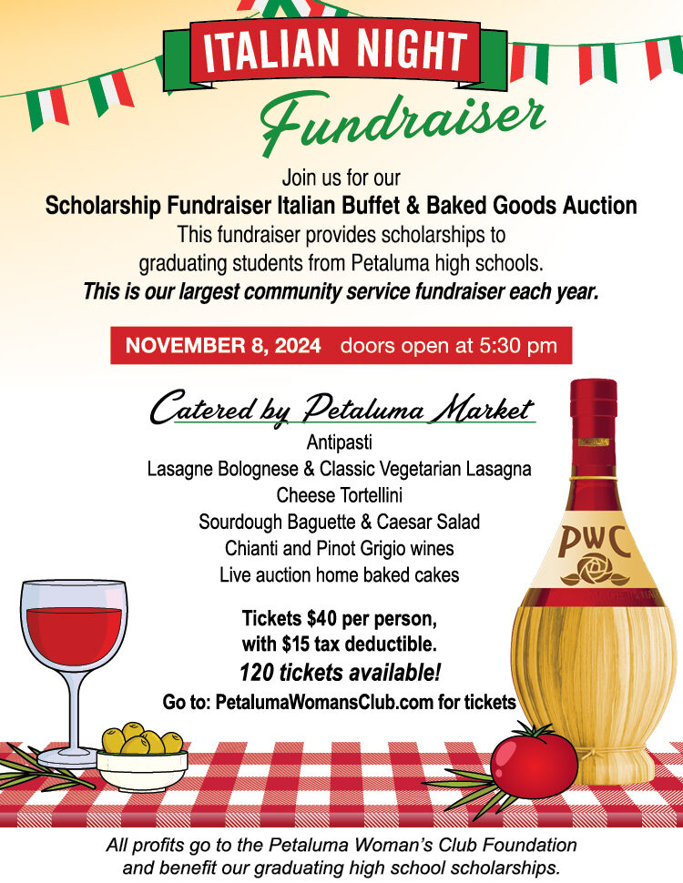 Italian Night Fundraiser Flyer with description, date, time, and menu.