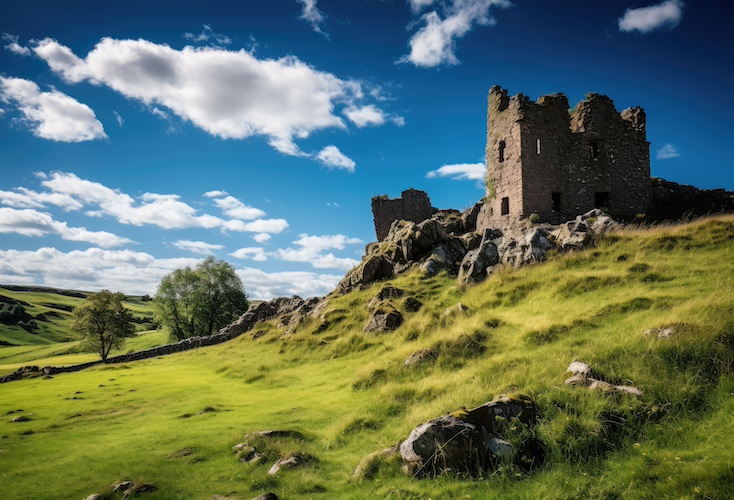 Castle on grassy and rocky hill in Scotland