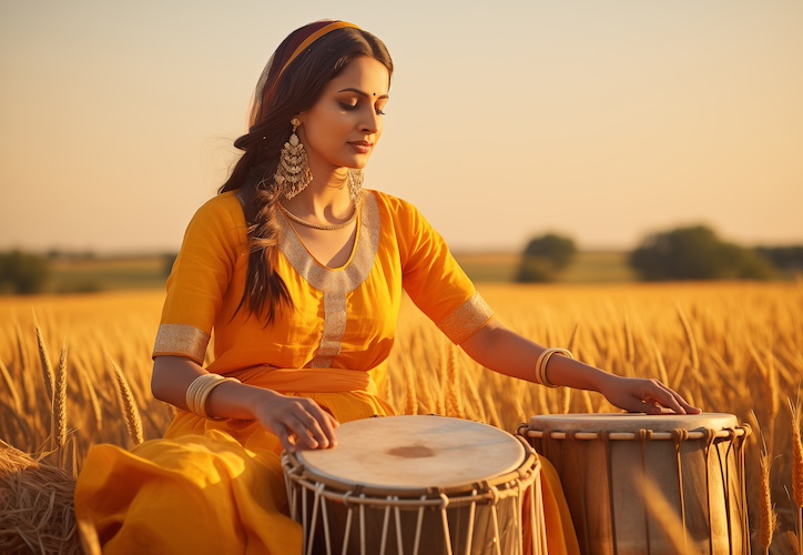 indian woman playing traditional percussion, wheat field background, vaisakhi stock image, in the style of fanciful costume design